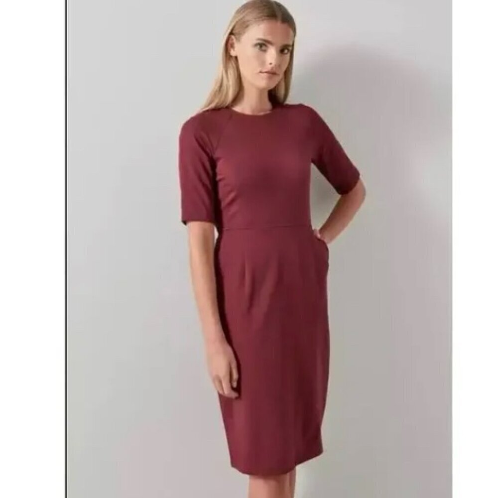 LK Bennett Liya Dress Cabernet Red Sheath Fitted 3/4 Sleeves Size 4 Women's